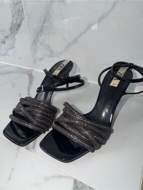 Zara Black Beaded Strappy Heels